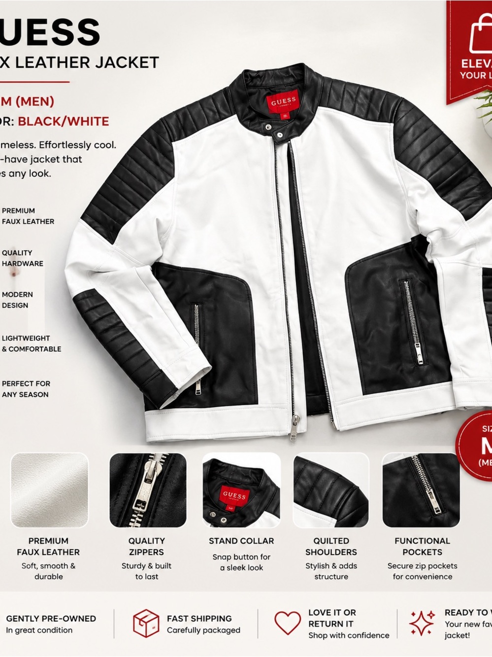 GUESS Men’s Black & White Faux Leather Bomber Jacket